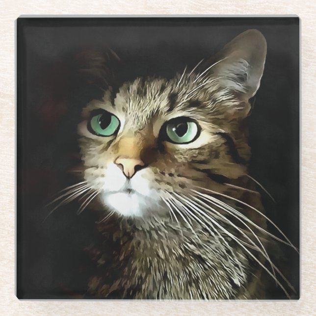 Tabby Cat With Green Eyes Isolated On Black Glass Coaster (Front)