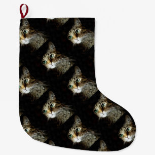 Tabby Cat With Green Eyes Isolated On Black Large Christmas Stocking