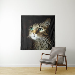 Tabby Cat With Green Eyes Isolated On Black Tapestry