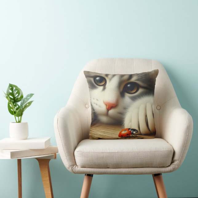 Tabby Cat With Ladybug Throw Pillow (Chair)