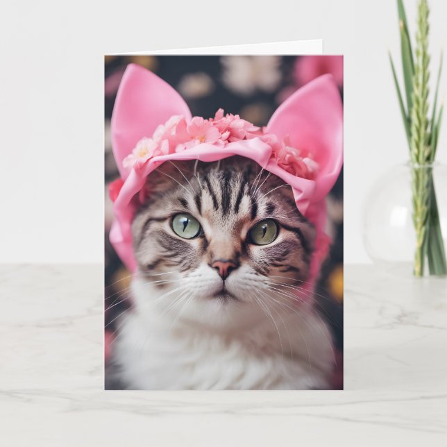 Tabby Cat with Pink Ears Hat Card (Front)