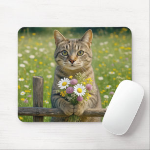 Tabby Cat With Wildflower Bouquet Mouse Pad