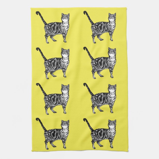 Tabby Cat Yellow Tea Towel (Vertical)