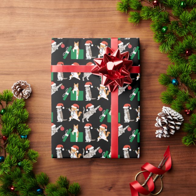 Tabby Cats Decorating Funny Silly Black Christmas Wrapping Paper (Holiday Gift)