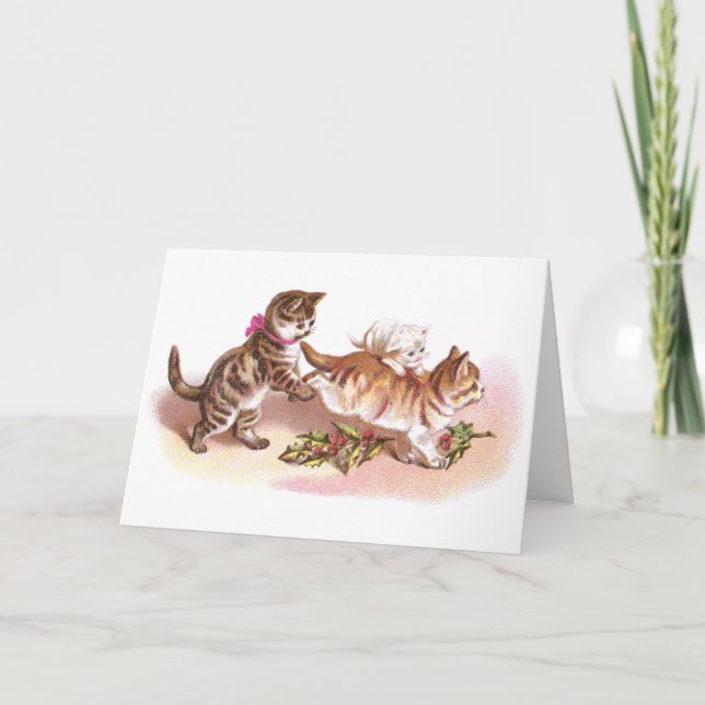 Tabby Cats & Holly Victorian Christmas Holiday Card (Front)