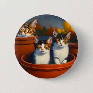 Tabby Cats In Pots Oil Paint, 2 Inch Round Button
