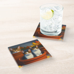 Tabby Cats In Pots Oil Paint, Glass Coaster
