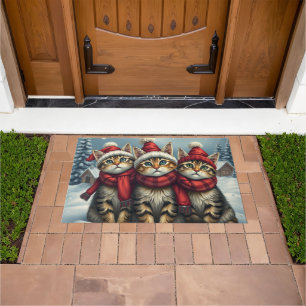 Tabby Cats in Preppy Winter Attire and Hat Winter Doormat