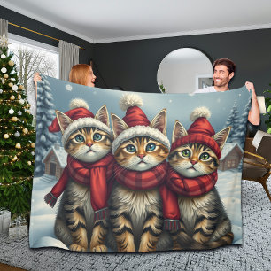 Tabby Cats in Preppy Winter Attire and Hat Winter Fleece Blanket