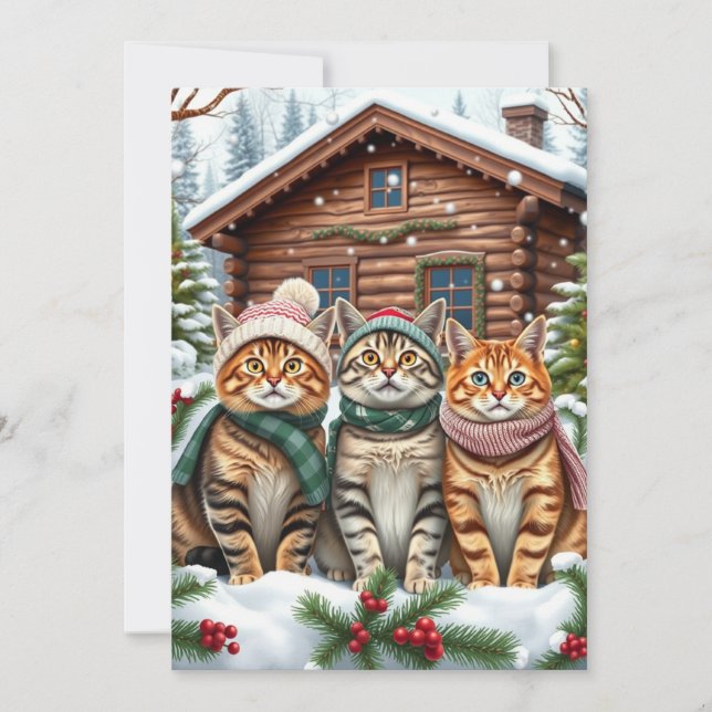 Tabby Cats in Preppy Winter Attire and Hat Winter Holiday Card (Front)
