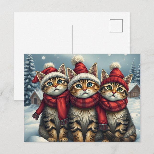 Tabby Cats in Preppy Winter Attire and Hat Winter Holiday Postcard (Front/Back)