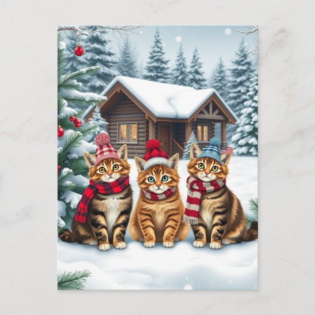 Tabby Cats in Preppy Winter Attire and Hat Winter Holiday Postcard (Front)