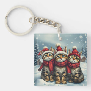Tabby Cats in Preppy Winter Attire and Hat Winter Keychain