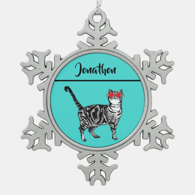 Tabby Cats 'One Cool Cat' Aqua Boys  Snowflake Pewter Christmas Ornament (Front)