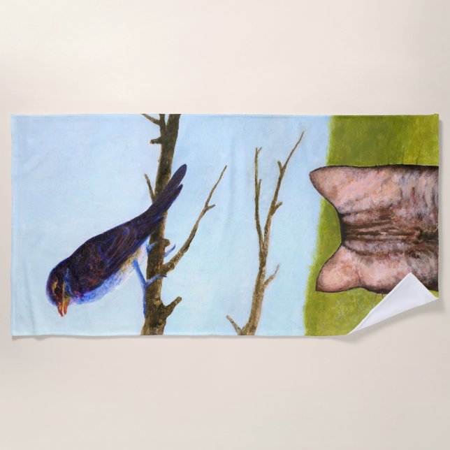 Tabby Cats Talk to Birds Beach Towel (Front)