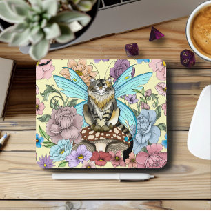 Tabby Fairy Cat Mushroom Floral Mouse Pad