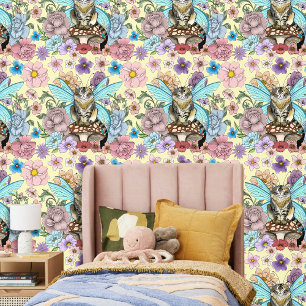 Tabby Fairy Cat Mushroom Floral Wallpaper