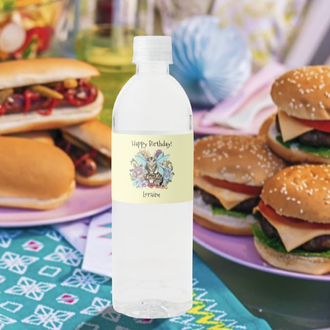 Tabby Fairy cat Mushroom Floral Water Bottle Label (Creator Uploaded)