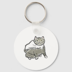 Tabby Grey Cat White Cape Pencil Drawing Keychain
