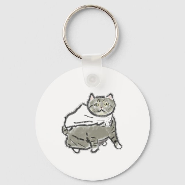 Tabby Grey Cat White Cape Pencil Drawing Keychain (Front)