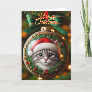 Tabby gris chat sur la carte de Noël de l'ornement