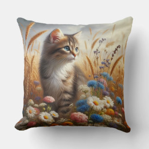 Tabby Kitten Cat Lover Floral 20x20 Cotton  Throw Pillow