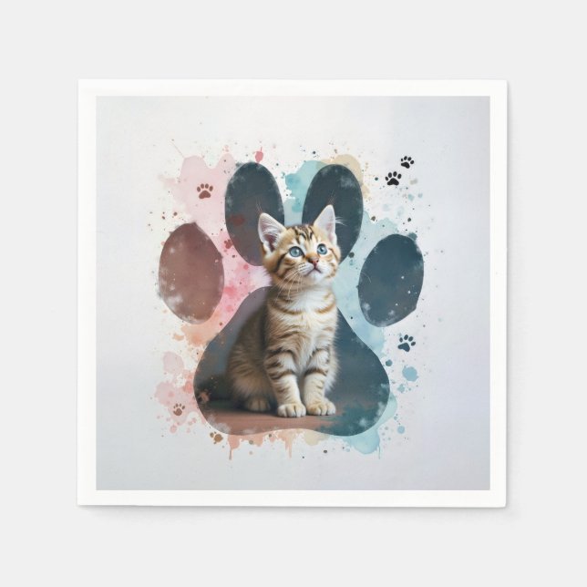 Tabby Kitten In a Watercolor Paw Print Napkin (Front)