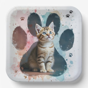 Tabby Kitten In a Watercolor Paw Print Paper Plate