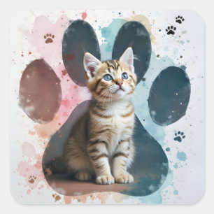 Tabby Kitten In a Watercolor Paw Print Square Sticker