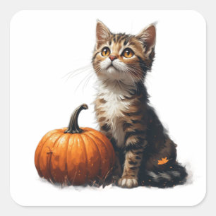 Tabby Kitten In Pumpkin Patch Halloween Scene 🎃 Square Sticker