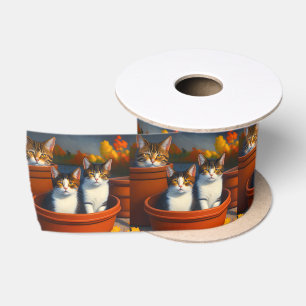 Tabby Kittens In Pots Oil Paint, Satin Ribbon