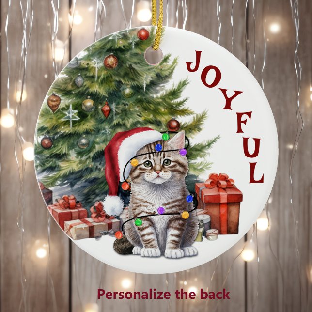 Tabby Kitty Cat in Christmas Lights for Grandchild Ceramic Ornament (Creator Uploaded)