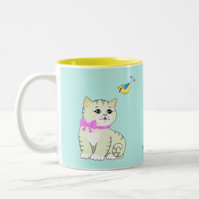 Tabby Kitty Cat & Little Bird on Light Blue  Two-Tone Coffee Mug (Left)