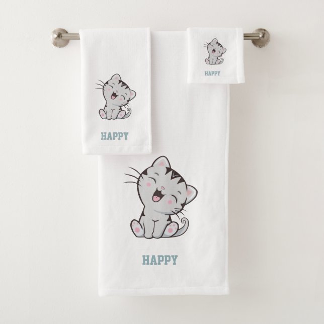 Tabby Kitty Cat & Name Text on White Bath Towel Set (Insitu)