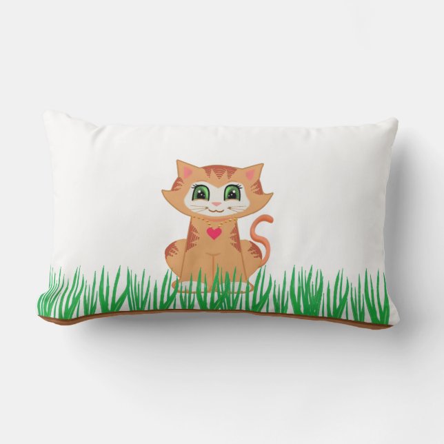 Tabby Kitty Cat & Plant Lumbar Pillow (Front)
