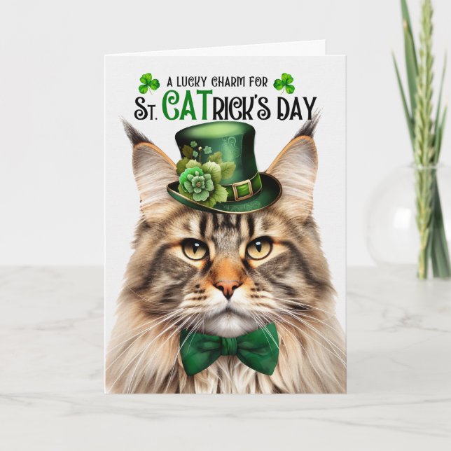 Tabby Maine Coon St CATrick's Day Lucky Charm Holiday Card (Front)