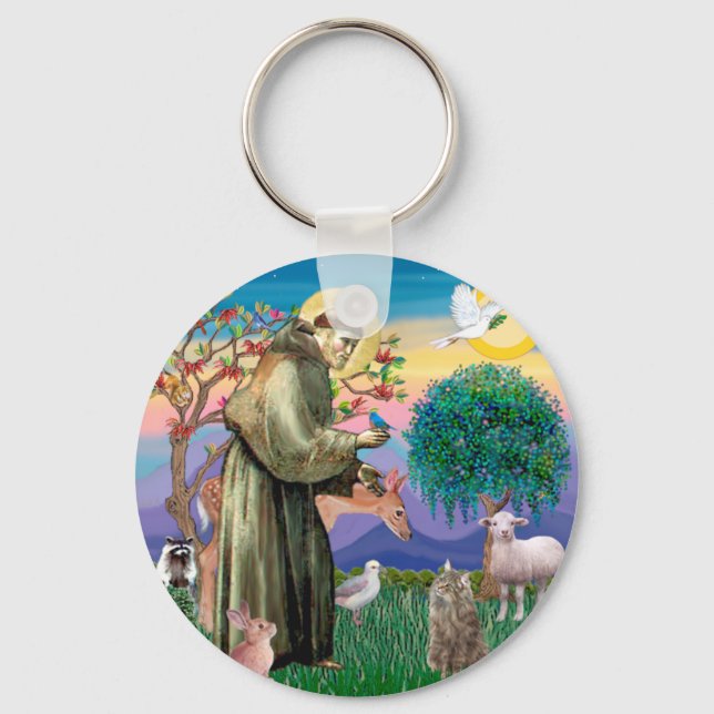 Tabby Norwegian Forest Cat - St Francis Keychain (Front)