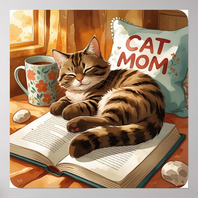 Tabby on a Book – Watercolor Cat Lover Scene Poster (Front)