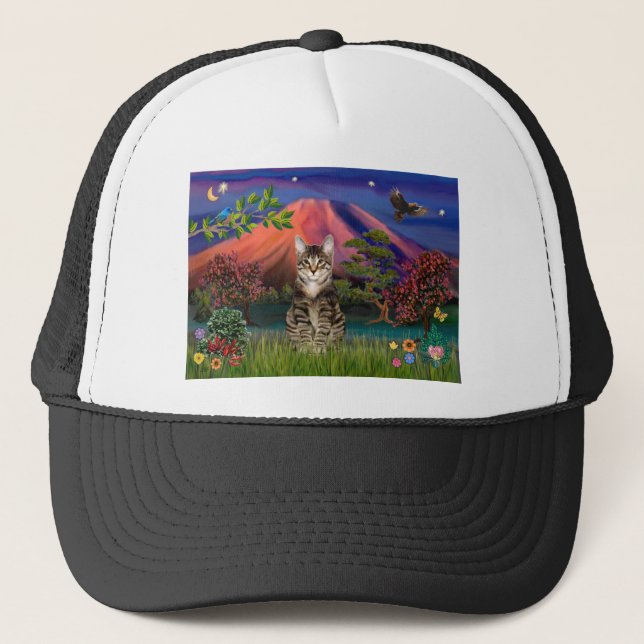 Tabby Tiger Cat - Mt Fuji at Night Trucker Hat (Front)