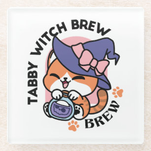 Tabby Witch Brew – Cute Halloween Cat Design Glass Coaster