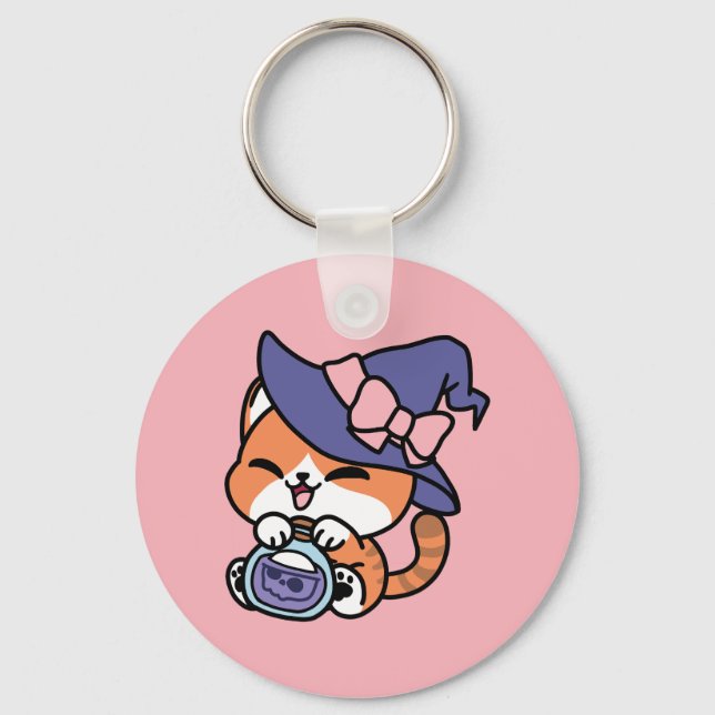 Tabby Witch Brew – Cute Halloween Cat Design Keychain (Front)