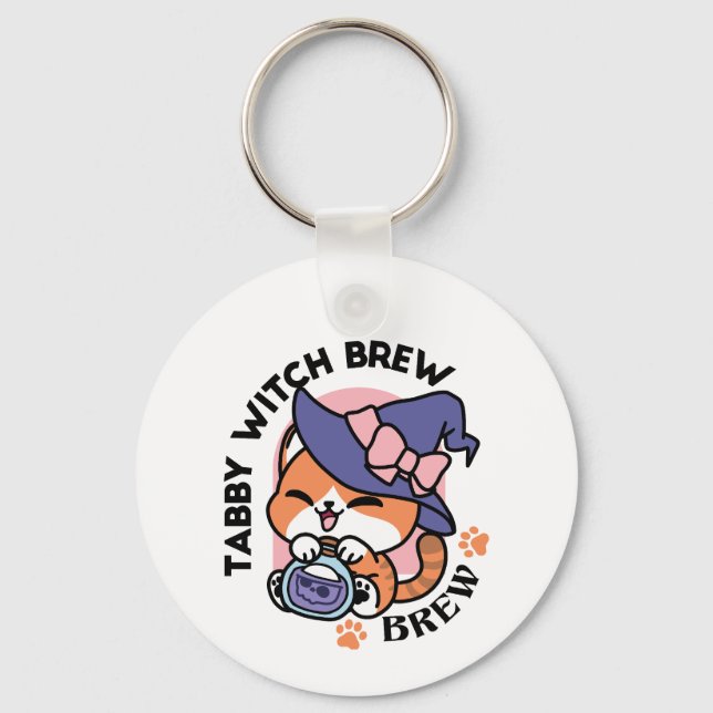 Tabby Witch Brew – Cute Halloween Cat Design Keychain (Front)