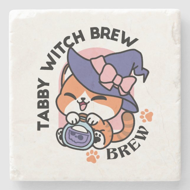 Tabby Witch Brew – Cute Halloween Cat Design Stone Coaster (Front)