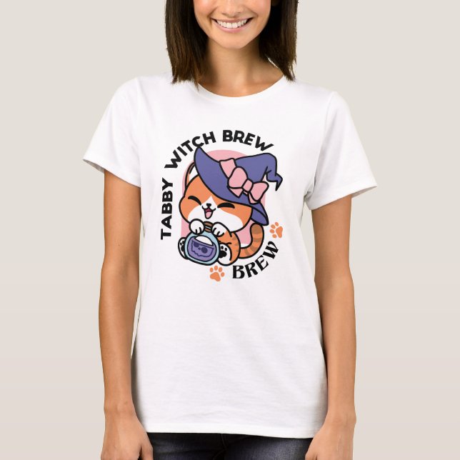 Tabby Witch Brew – Cute Halloween Cat Design T-Shirt (Front)