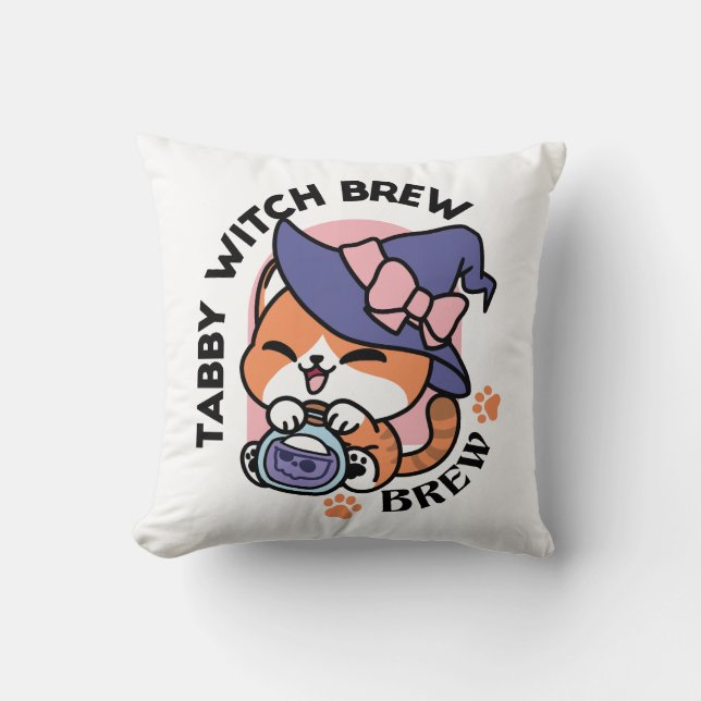 Tabby Witch Brew – Cute Halloween Cat Design Throw Pillow (Front)