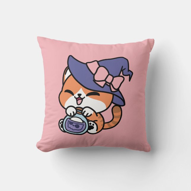 Tabby Witch Brew – Cute Halloween Cat Design Throw Pillow (Front)