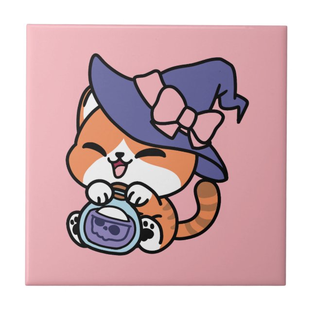 Tabby Witch Brew – Cute Halloween Cat Design Tile (Front)