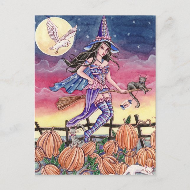 Tabitha - Carte postale Sorcière, Chat et Chouette (Devant)