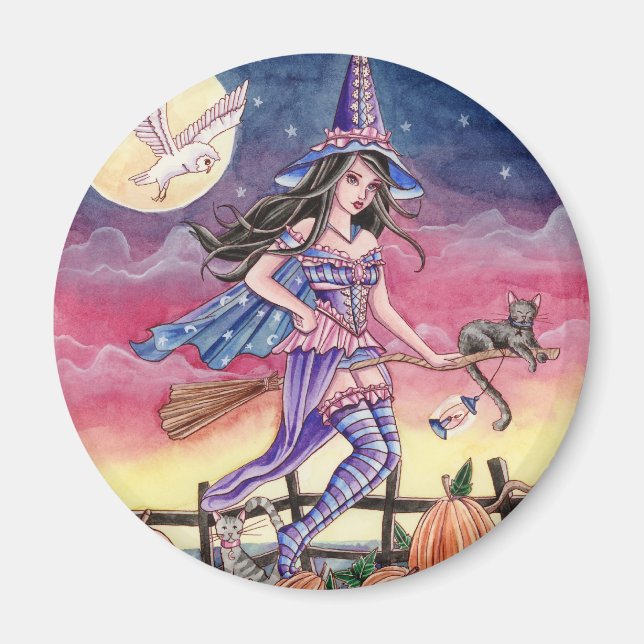 Tabitha - Magnet de sorcière, chats et hibou (Devant)