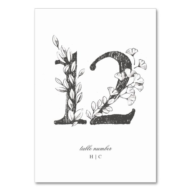 Table 12 Beautiful Floral Sketched Wreath Wedding Table Number (Front)
